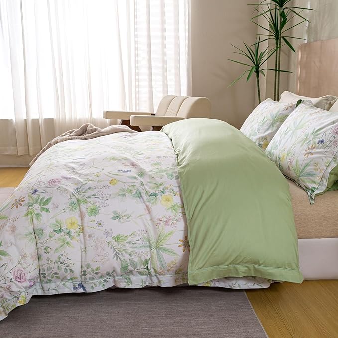 OAITE Duvet Cover Set Queen Size Floral Pattern Ultra Soft 100% Cotton Duvet Cover Sets 3-PC, Breathable Duvet Cover with Zipper Closure & Corner Ties(2 Pillow Shams,1 Duvet Cover)