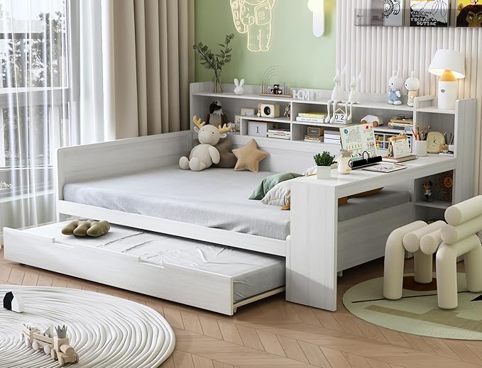 Merax Full Size Corner Bed Frames with Desk and Trundle & Storage Shelves Headboard, Pinewood U-Shaped Captain Daybed, Full Corner Bed Frames for Small Room, Bedroom, Guest Room, Kids' Room, White
