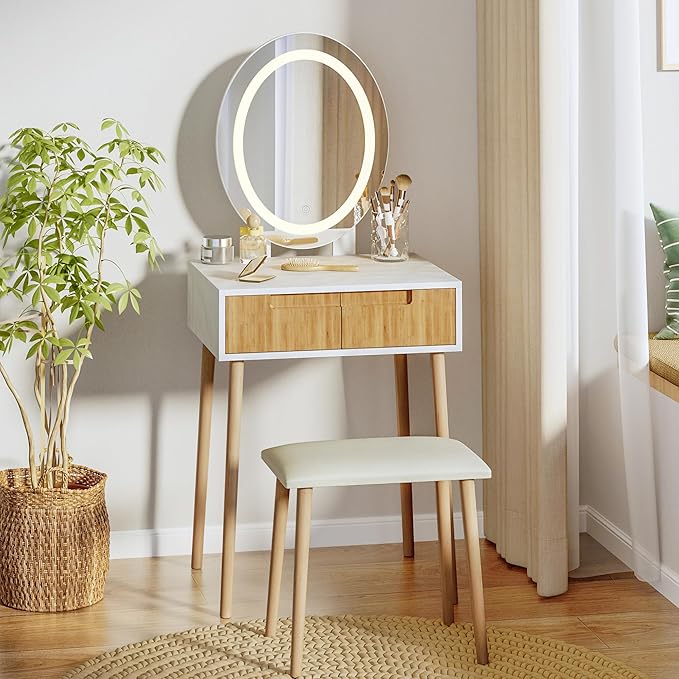 Pamapic Small Makeup Vanity Desk with Mirror and Lights, Girls Vanity with Cushioned Stool, 3 Lighting Modes Dressing Table, Compact Make Up Table with Drawers Bedroom, Natural Oak