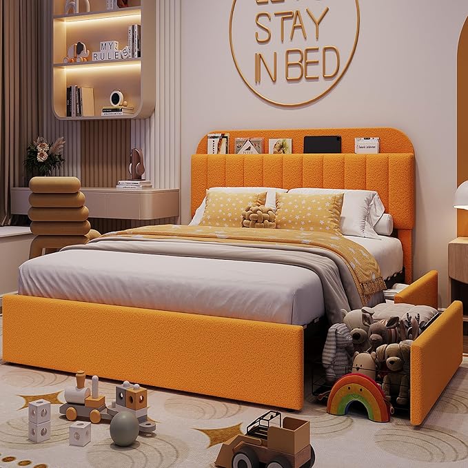 IDEALHOUSE Full Bed Frame with 2 Flexible Drawers and Bookcase Headboard, Boucle Upholstered Platform Bed for Boys, Noise-Free, Easy Assembly, No Box Spring Needed, Yellow