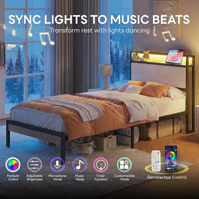 LIKIMIO Twin XL Bed Frame with Storage Headboard and LED Lights, Metal Platform Bed with Charging Station, Noise Free, No Box Spring Needed, Under Bed Storage, Natural and Cream