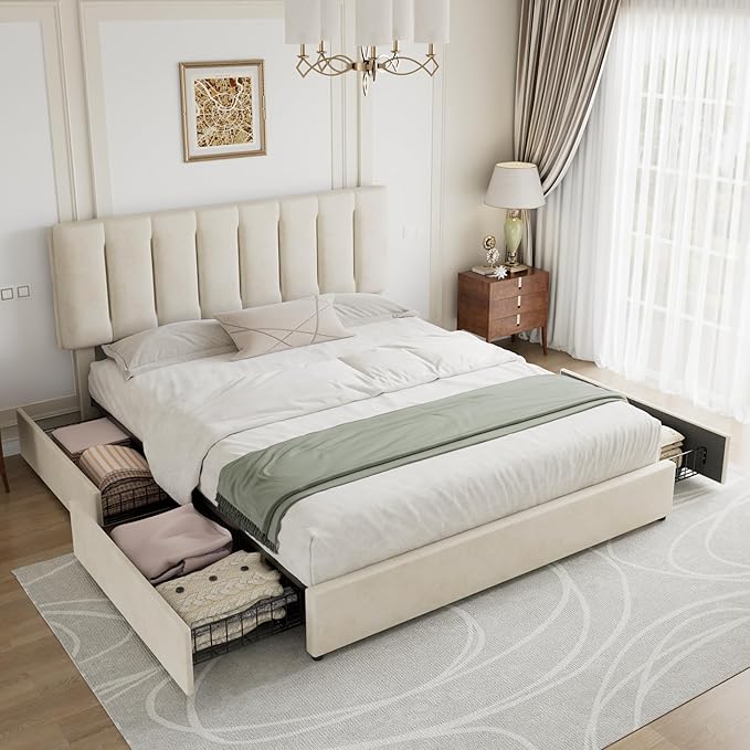 VECELO King Size Bed Frame with 4 Storage Drawers, Adjustable Height Headboard, Heavy-Duty Bedframe with Strong Wooden Slats, No Box Spring Needed, Pale Beige