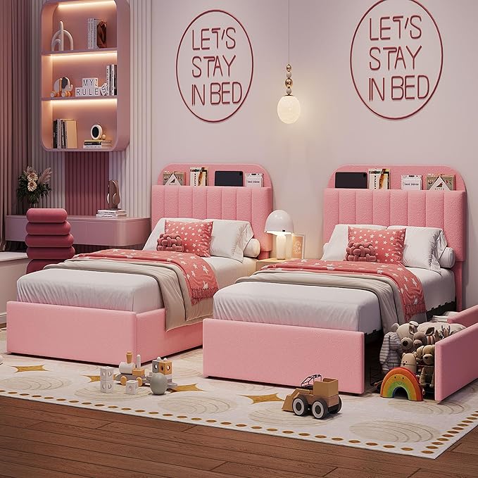 IDEALHOUSE Twin Bed Frame for Kids, Boucle Upholstered Platform Bed for Girls with 2 Flexible Drawers, Bookcase Headboard, Noise-Free, Easy Assembly, No Box Spring Needed, Pink