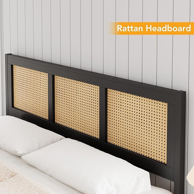 IDEALHOUSE Rattan Bed Frame with Headboard, Boho Full Size Bed Frame with Strong Metal Slats Support, No Box Spring Needed, Noise-Free Design, Black