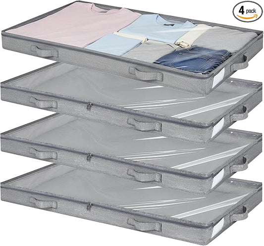 4 Pack Under Bed Storage, Below 4 Inches Underbed Storage Containers Low Profile No Sidewalls Foldable Shallow Storage Bins Organizer with Clear Lid and Zipper