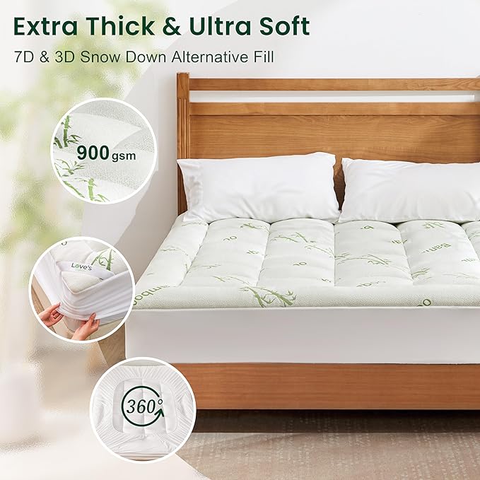 Love's cabin Full Size Mattress Topper Viscose Derived from Bamboo, Thick Pillow Top Mattress Pad with Stretchable Pockets for 8"-20" Mattress, Soft Cooling Mattress Topper for Hot Sleepers, Green