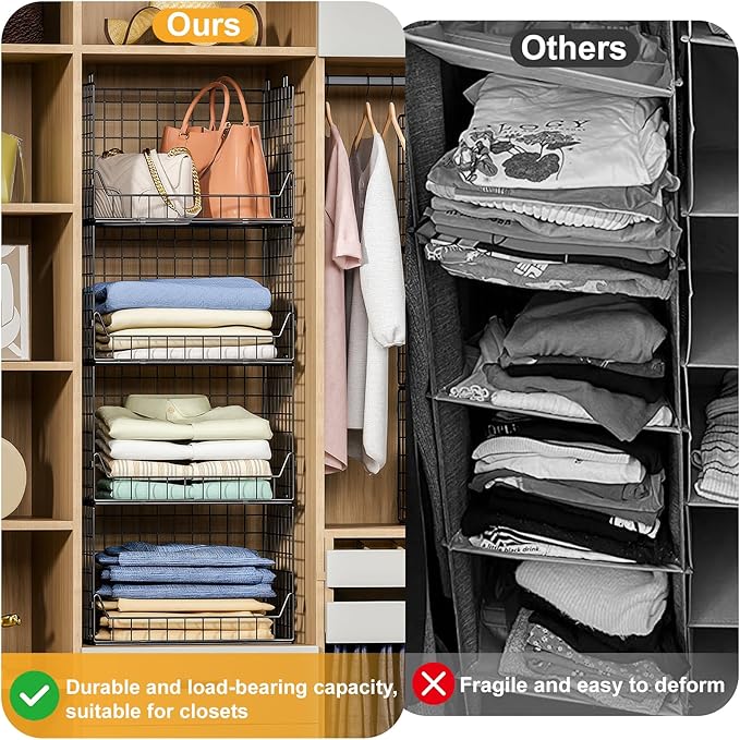 Jakyitvi 4-Tier Extra Height Stackable Closet Organizer – Foldable Storage Bins for Sweaters, Jeans, and Clothes – Sturdy Iron Mesh Shelves for Neat and Efficient Closet Storage – Black