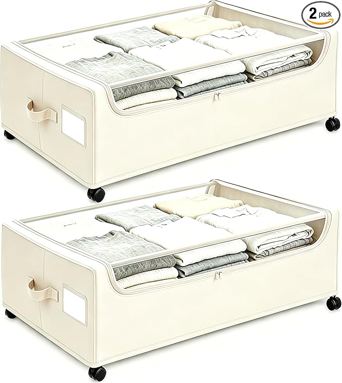 Under Bed Storage with Wheels, 2-Pack Under the Bed Storage Containers with Clear Lids & Label, Underbed Storage Bins, XXXL 85L 11 inches Rolling Metal Drawer for Clothes, Shoes, Toys, Books - Beige