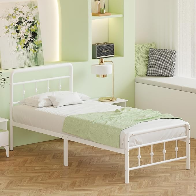 14 Inch White Twin Bed Frames with Victorian Headboard and Footboard, Heavy Duty Vintage Twin Bed Frame No Box Spring Needed, Metal Mattress Foundation, Easy Assembly