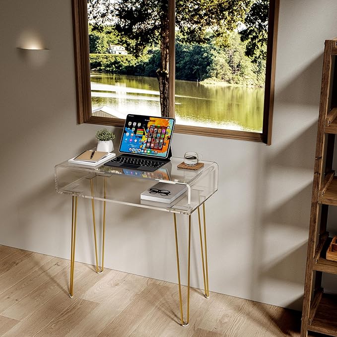 Eglaf Acrylic Vanity Desk - Small Makeup Vanity Table - Dressing Table for Bedroom, Dressing Room, Large Storage Space, 31.5'' L x 15.7'' W x 32.1'' H, Gold Metal Legs