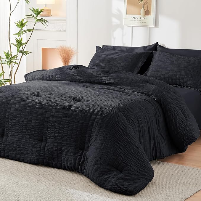 HYMOKEGE Black Oversized King Comforter Set Seersucker 7 Pieces, All Season Luxury Bed in a Bag for Bedroom, Bedding Set with Comforter, Sheets, Pillowcases & Shams