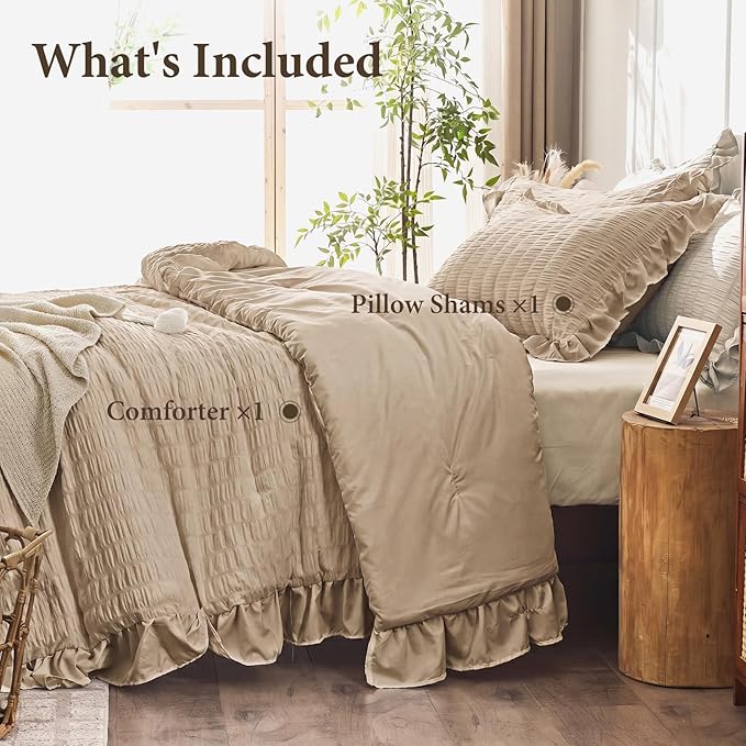 JOLLYVOGUE Twin Size Comforter Set, 2 Pieces Khaki Seersucker Lightweight Fluffy Bedding Set, Twin Ruffle Comforter, All Season Soft Microfiber Shabby Chic Bed Set