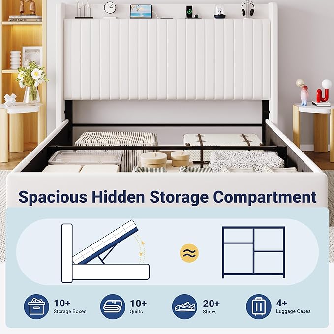 Allewie King Size Lift Up Storage Bed Frame,Storage Shelf Headboard with Charging Station,Type-C and USB Ports,Hydraulic Support,Velvet Upholstered Bed Frame,No Box Spring Needed,White