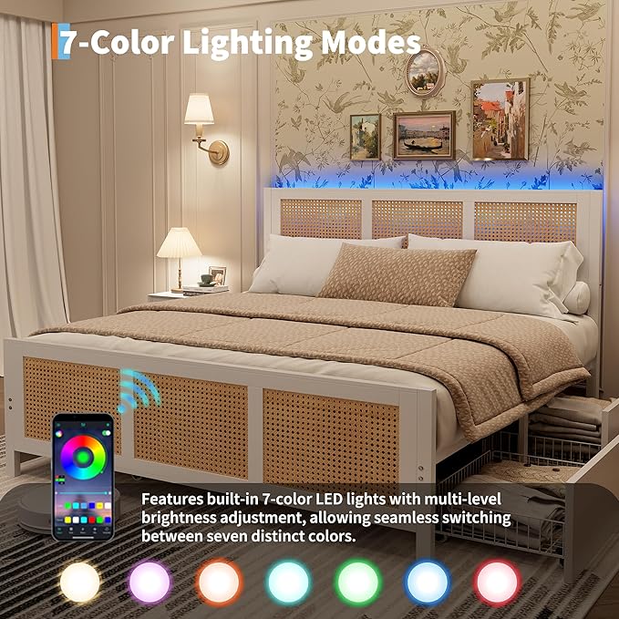 IDEALHOUSE Rattan Bed Frame with Storage Drawers, Boho Queen Led Bed Frame with Strong Metal Slats Support, No Box Spring Needed, Noise-Free Design, White