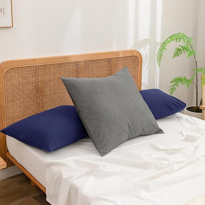 BESTOUCH 100% Washed Cotton Pillowcase for Hair and Skin Linen Feel Soft Comfortable Breathable 2 Set Pillow Case with Envelope Closure Solid Navy Blue Standard 20x26 Inches