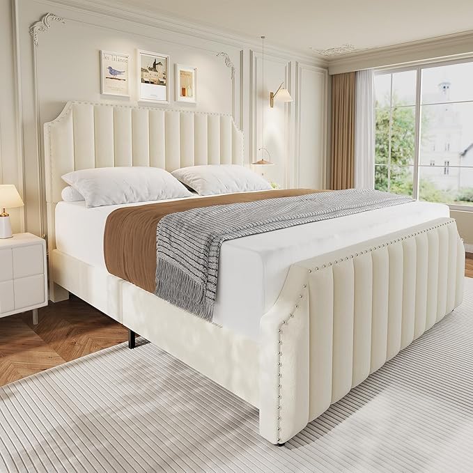 GarveeHome Queen Size Velvet Bed Frame, 50.2 in Tall Headboard & Footboard, Upholstered Platform Queen Bed Frame with Nailhead Trim, No Box Spring Needed, Noise Free, Solid Wooden Slats, Beige