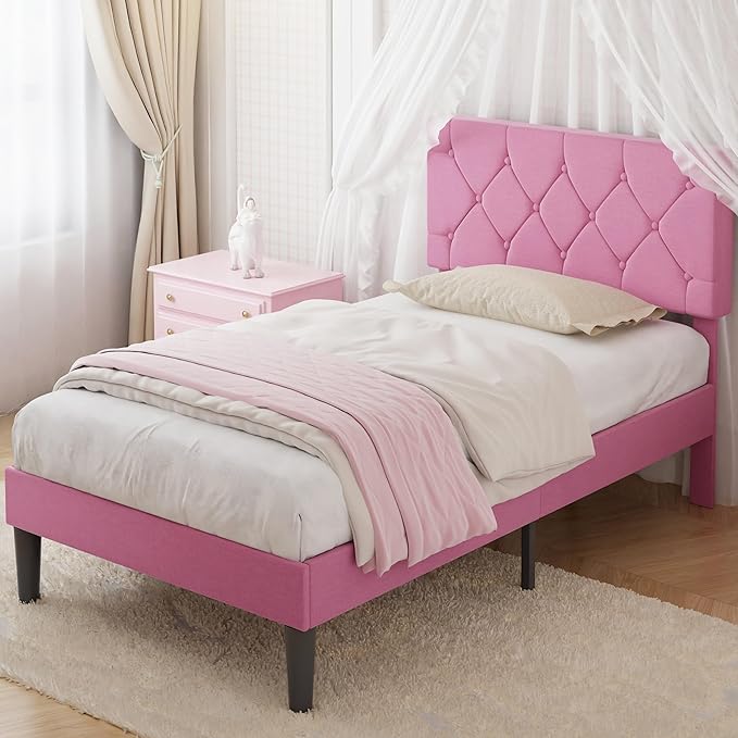 VECELO Twin Size Bed Frame with Button Tufted Headboard, Upholstered Platform Bedframe with Wood Slat Support, No Box Spring Needed, Linen Pink