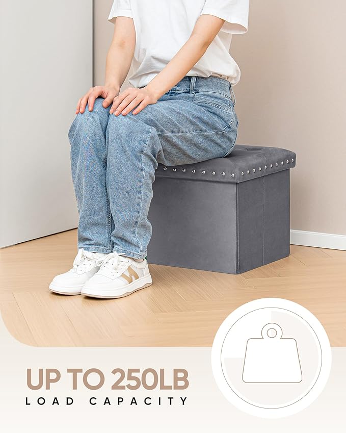 B FSOBEIIALEO Storage Ottoman Cube Folding Tufted Ottomans, Storage Boxes Footrest for Bedroom, Luxury Velvet Fabric 16.5 * 12.6 * 12.6 Inches Grey
