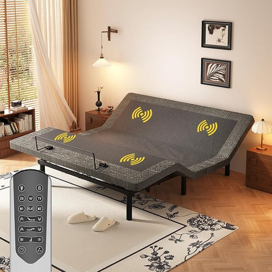 MULIN Queen Massage Adjustable Bed Frame, 6-Mode Vibration Massage with Timer, Head/Foot Ergonomic Incline, 2 USB, Preset Positions, Chrome Storage Shelf