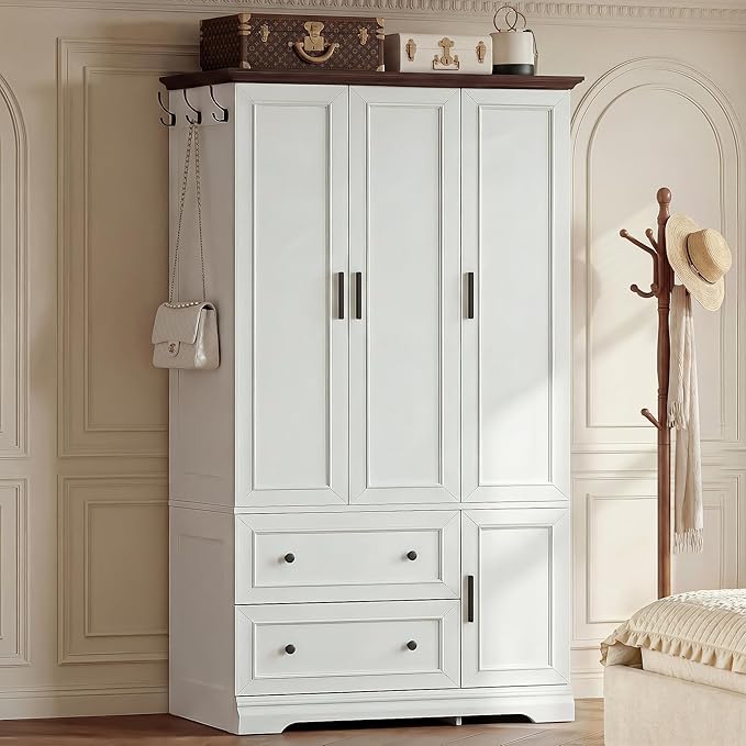 YESHOMY Armoire Wardrobe Closet with Drawers, 70.9" H x 21.1" D Wooden Closet with Hanging Rod, Fixed Shelves & Bottom Cabinet, Soft-Close Doors, Ball-Bearing Slides (White (Walnut Top))