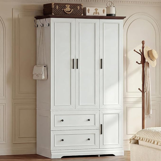 YESHOMY Armoire Wardrobe Closet with Drawers, 70.9" H x 21.1" D Wooden Closet with Hanging Rod, Fixed Shelves & Bottom Cabinet, Soft-Close Doors, Ball-Bearing Slides (White)
