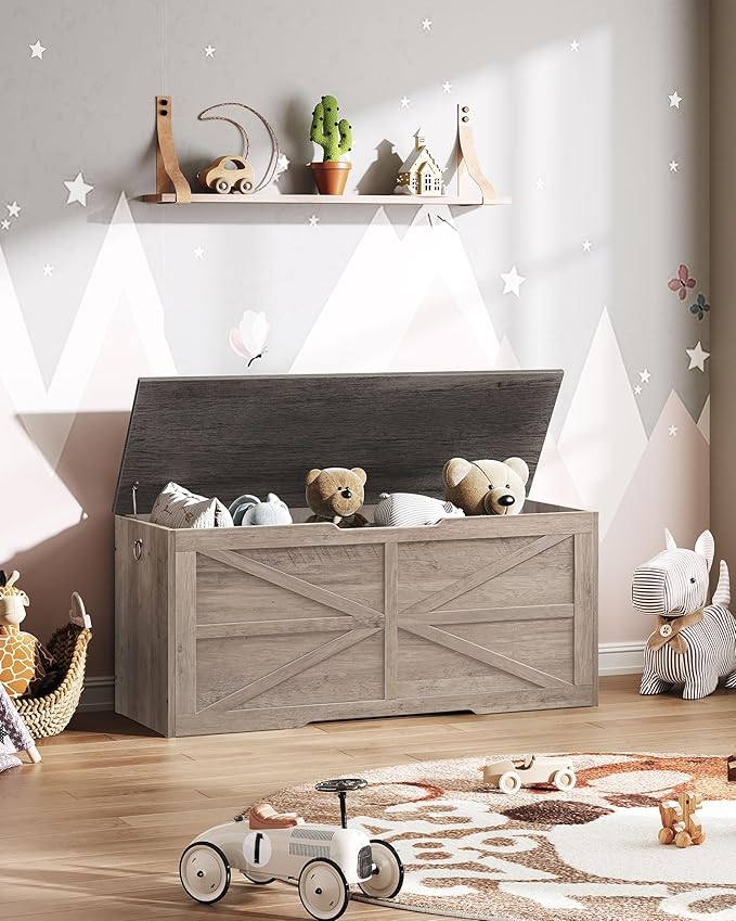 CHOEZON Storage Chest, 43.3" Wooden Storage Trunk, Retro Storage Bench with Safety Hinge, Toy Box, Farmhouse Style, for Bedroom, Living Room, Charcoal Gray and Greige MCW11HC