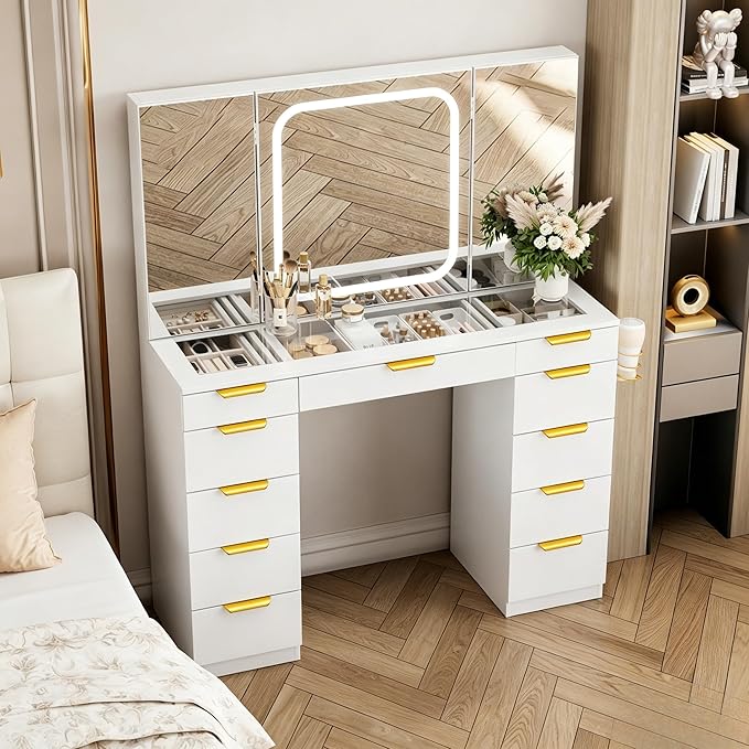 Pamapic Glass Top Vanity Desk with Foldable Mirror, 11 Drawers Makeup Vanity with LED Lighted Mirror, Power Outlet, 3 Lighting Modes Dressing Table with Golden Handles, White