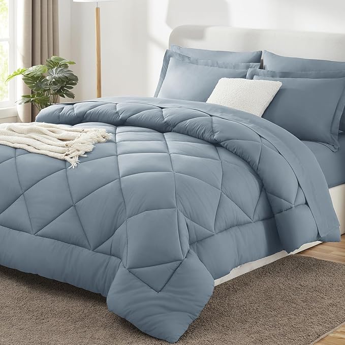 CozyLux California King Comforter Set Dusty Blue - Cal King Bed in a Bag 7 Pieces, Luxury Soft Bed Set for All Seasons, Bedding Set with Down Alternative Comforter, Sheets, Pillowcases & Shams