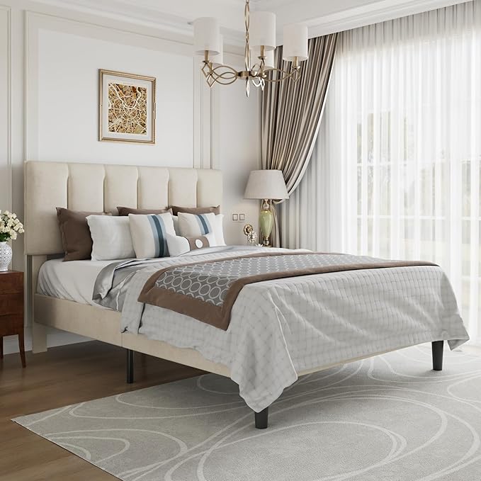 VECELO Queen Size Bed Frame with Upholstered Headboard, Heavy-Duty Bedframe with Strong Wooden Slats Support, No Boxing Spring Needed, Pale Beige