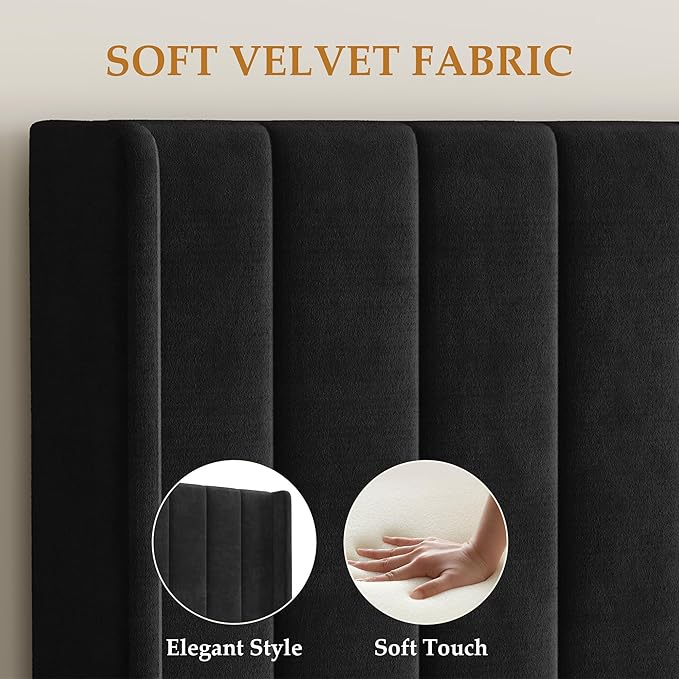 GarveeHome King Size Bed Frame, Bed Frame Upholstered Platform Bed with Velvet Headboard, Wing Edge Design, 2 Storage Drawers, No Box Spring Needed, Black