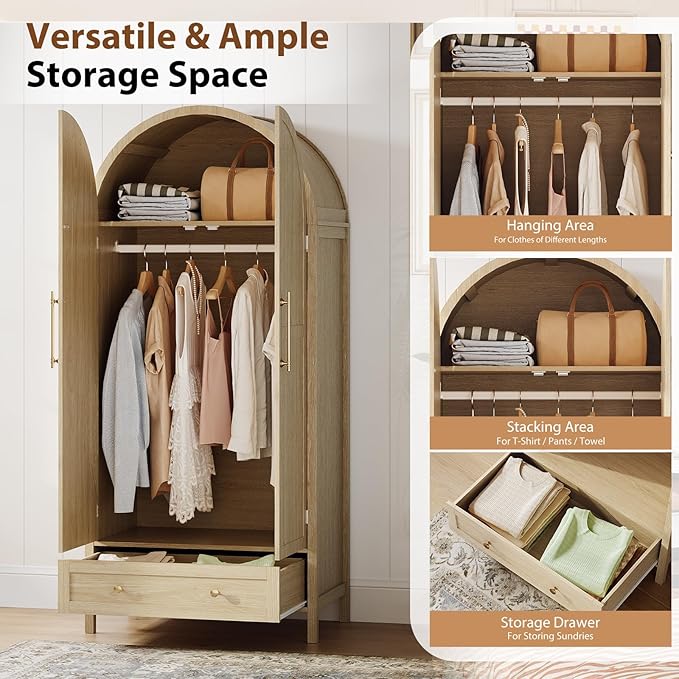 VINGLI Arched Wardrobe Closet Armoire with Doors and Drawer, 70" Tall Wooden Wardrobe Cabinet,Clothing Storage Cabinet, Large Capacity Storage, Natural Oak