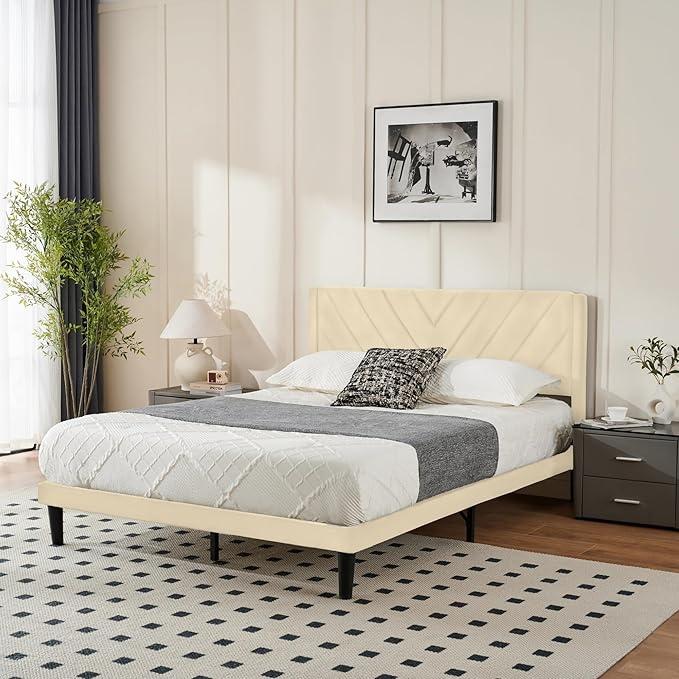 Full Bed Frame with Headboard, Bed Frame Full Size with Sturdy Wooden Slats Support, Platform Bed Frame with Velvet Upholstered Headboard, Mattress Foundation, Easy Assembly, No Box Spring Needed