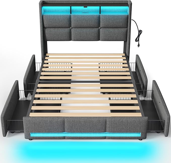 Rolanstar Twin Size Bed Frame with RGB LED Lights & Charging Station, Upholstered Storage Headboard with 4 Drawers, Heavy Duty Metal Frame, No Box Spring Needed, Easy Assembly, Light Grey