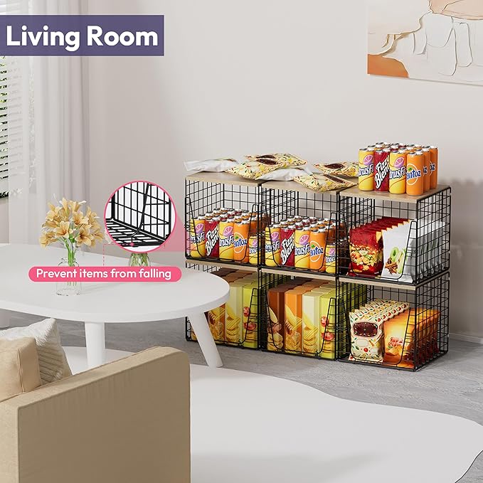 SWTYMIKI 3PCS Closet Organizers and Storage - Stackable Closet Basket with Wood Top Shelf, Clothes Storage Shelves, Clothes Drawer Bins for Wardrobe, Bedroom, Entryway, Black