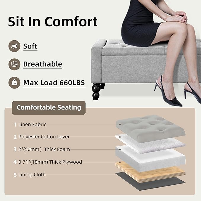 50" W Storage Ottoman Bench with Safety Hinge, Load up to 660 lb Ottoman with Storage, Upholstered Tufted Entryway Bench with Seating for Living Room, Bedroom, Light Gray