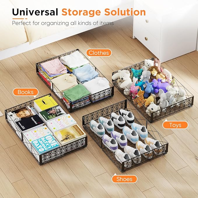 Under Bed Storage with Wheels, Rollable Under Bed Storage Container, Foldable Metal Under Bed Organizer for Bedroom Clothes Shoes Blankets Storage (1black, Black)