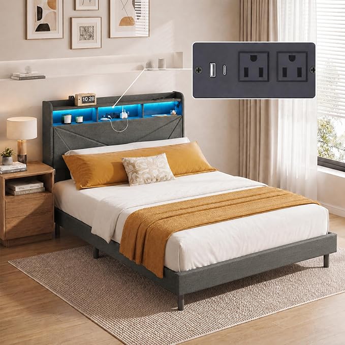 COLAMY Full Size Bed Frame with Charging Station & LED Lights, Upholstered Headboard with 2-Tier Storage, Heavy Duty Metal Platform Bed with Wood Slats, No Box Spring, Noise-Free, Easy Assembly, Grey