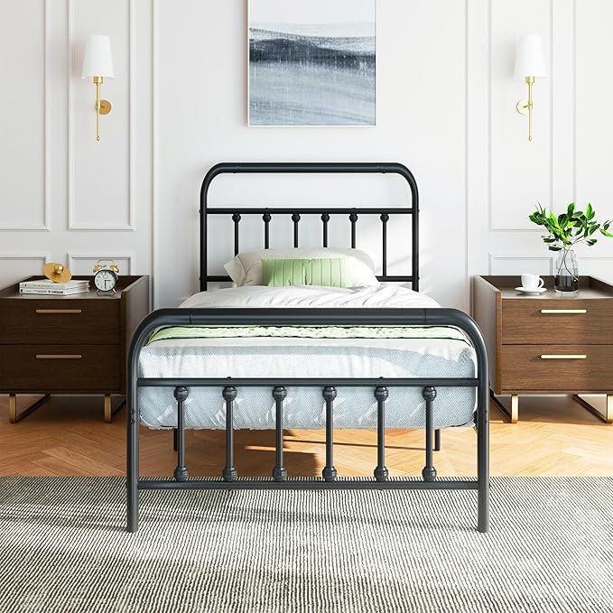 Shintenchi Twin Size Metal Platform Bed Frame with Headboard & Footboard, Steel Slat Mattress Foundation, Under Bed Storage, Noise-Free, No Box Spring Needed, Black Round