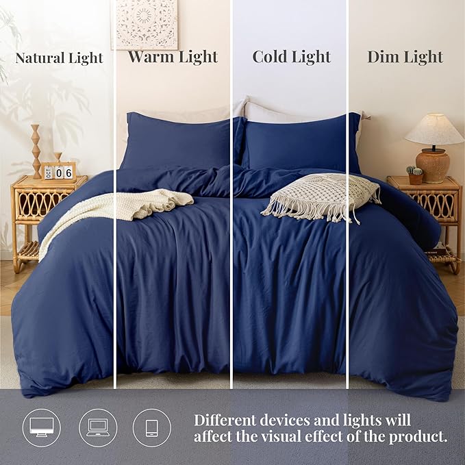 MILDLY Super Soft Duvet Cover - 100% Washed Microfiber Navy Blue Comforter Cover Set 3 Pieces with Zipper Closure & Corner Ties (No Comforter)