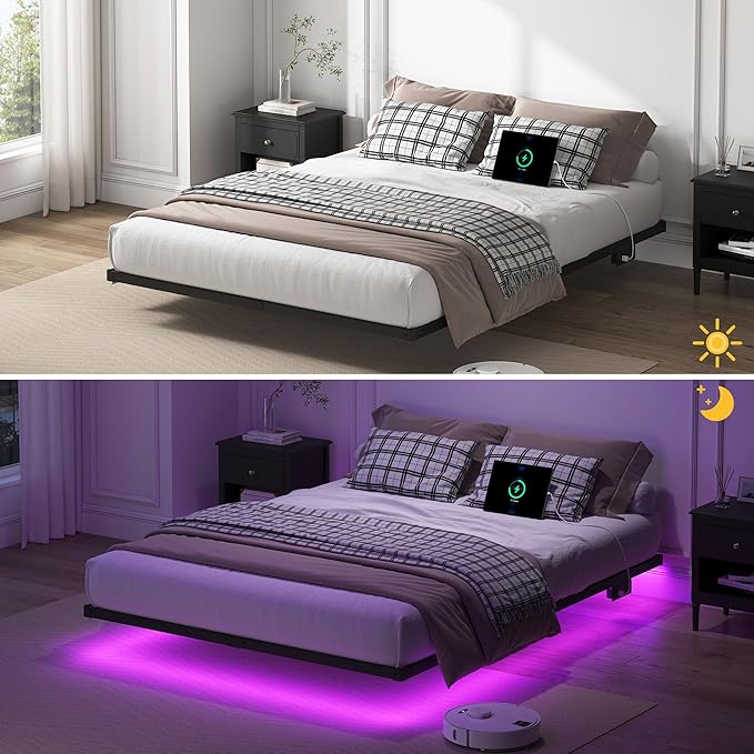 YORMDMO Floating Bed Frame King Size, Heavy Duty Bedframe with Smart LED Lights & Charging Station, Modern Metal Platform Bed, Easy Assembly No Box Spring Needed, 8 Inch