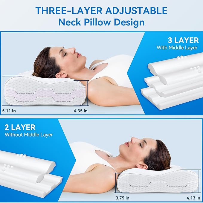 Cervical Neck Pillow for Pain Relief- Queen Size Adjustable Cooling Pillow for Sleeping, Memory Foam Pillows for Neck Shoulder, Ergonomic Contour Bed Pillow for Side, Stomach & Back Sleepers