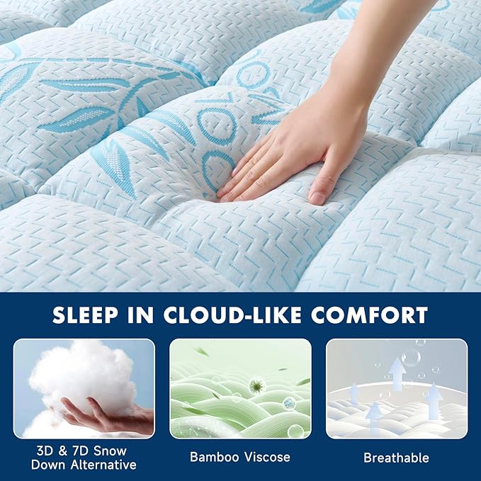 Twin Mattress Topper Viscose Derived from Bamboo,Breathable and Soft Extra Thick Pillow Top Mattress Pad Cover for Back Pain, Deep Pocket Fits 7–21 Inch Mattress (39"x75",Blue)