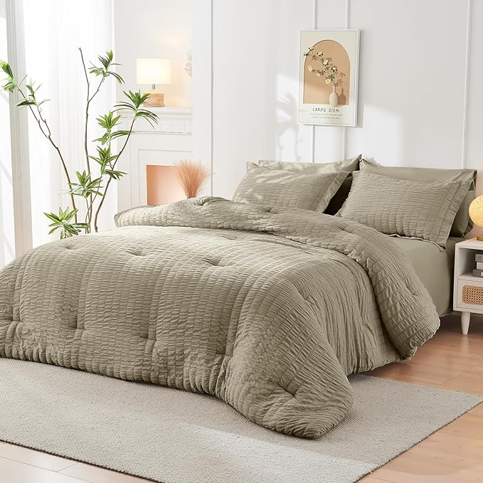 HYMOKEGE Linen Twin Comforter Set Seersucker 5 Pieces, All Season Luxury Bed in a Bag for Bedroom, Bedding Set with Comforter, Sheets, Pillowcase & Sham