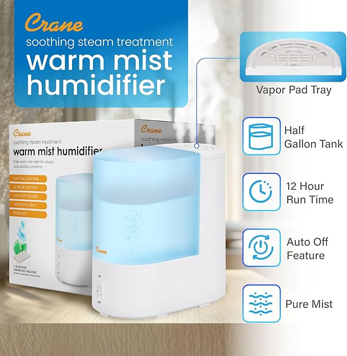 Crane Warm Mist Humidifier, Small Humidifier for Bedroom, Office, Vapor Pad Tray, Soothing Warm Mist Humidifiers For Bedroom, Relief for Dry Air, Quiet Operation, Auto Shut-Off, Desk Humidifiers
