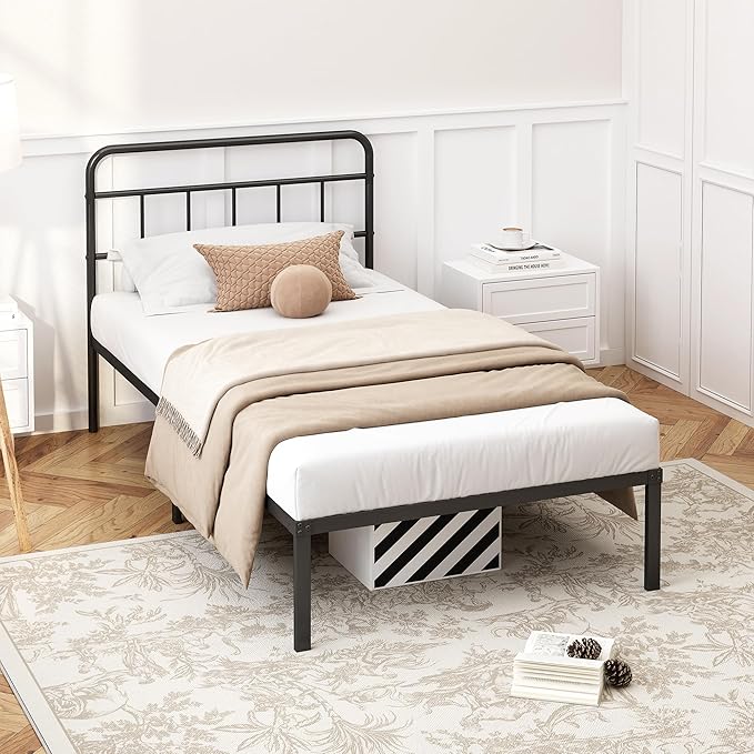 Kujielan 12 inches Twin Size Bed Frame with Minimalist headboard,Metal Platform Base with Strong Metal Slats,Mattress Foundation for Under Bed Storage,Easy Assembly,Black