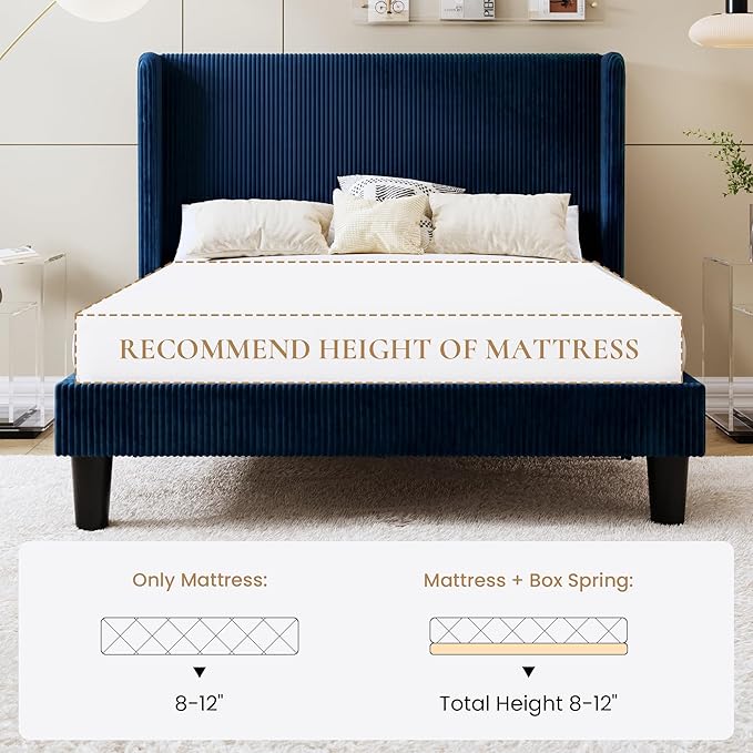 SHA CERLIN Full Size Corduroy Upholstered Platform Bed Frame with Vertical Channel Tufted Wingback Headboard, 8" Under Bed Storage, Wooden Slats & Metal Frame Support, Easy Assembly, Dark Blue