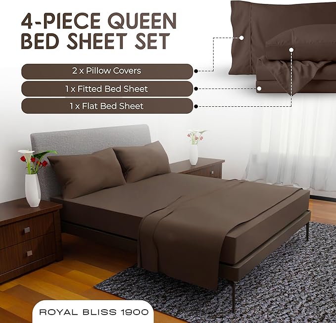 Queen Double Brushed Cooling Sheets - 4 Piece Deep Pocket Queen Size Bedding (Chocolate)