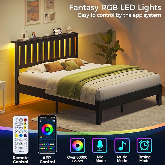 Rolanstar Full Bed Frame with Headboard, Charging Station and LED Lights, Wooden Bed Frame Foundation with Wood Slat Support, No Box Spring Needed, Black