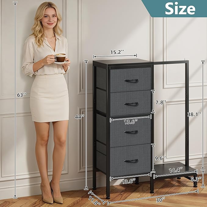 HIGDBFE Dresser with Hanging Rack, 4 Drawers Small Closet for Bedroom, Reversible Fabric Kids Chest of Drawers with Clothes Rack, Tall Storage Tower, Sturdy Frame, Grey, 44''H