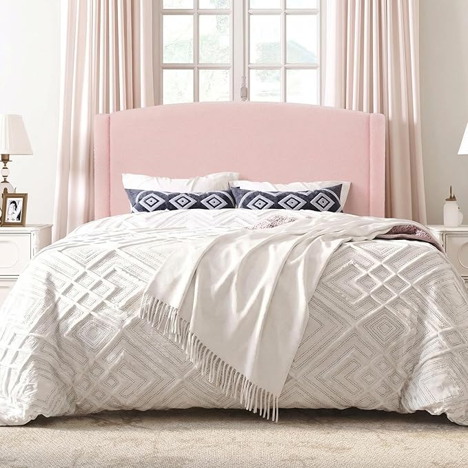 SHA CERLIN Queen Bed Frame with Soft Teddy Fabric, Boucle Upholstered Platform Bed, Curved Headboard Design, Wooden Slats Support, Noise-Free, No Box Spring Needed, Easy Assembly, Pink